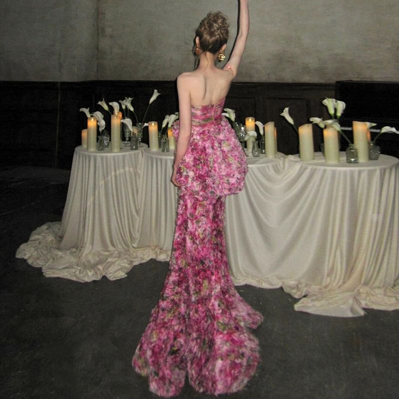 Strapless Floral Peplum Mermaid Evening Gown