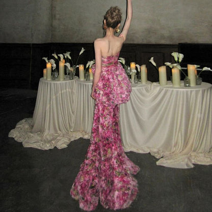 Strapless Floral Peplum Mermaid Evening Gown