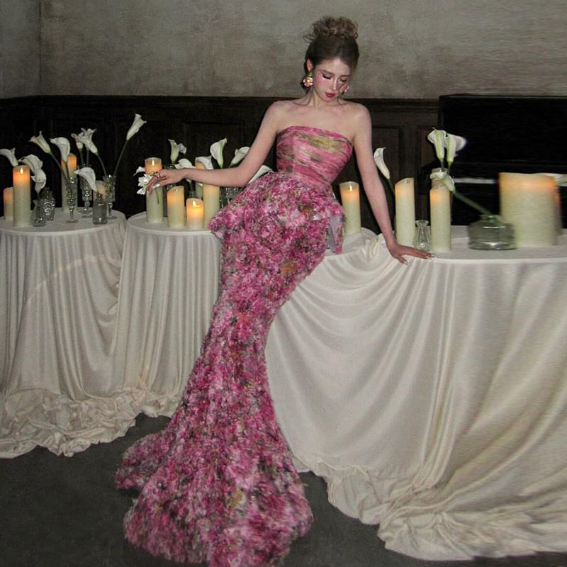 Strapless Floral Peplum Mermaid Evening Gown