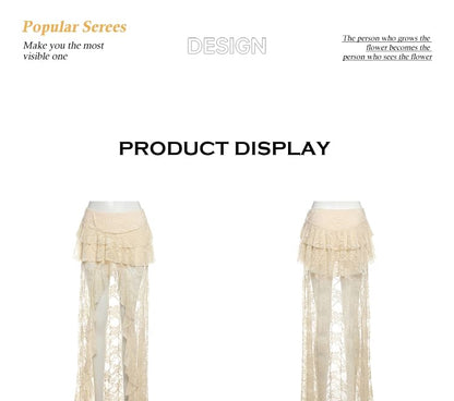 Mid Rise Tiered Asymmetrical Slit Lace Maxi Skirt with Halter Fringed Button Crop Tank Top