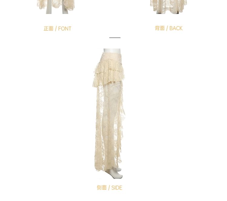 Mid Rise Tiered Asymmetrical Slit Lace Maxi Skirt with Halter Fringed Button Crop Tank Top