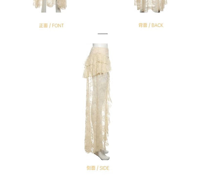 Mid Rise Tiered Asymmetrical Slit Lace Maxi Skirt with Halter Fringed Button Crop Tank Top