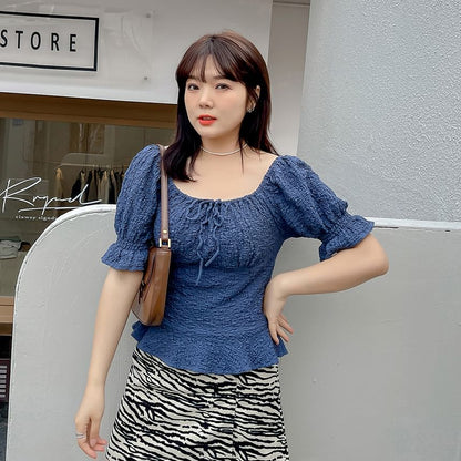 Plus Size Short Sleeve Square Neck Textured Ruffle Trim Top