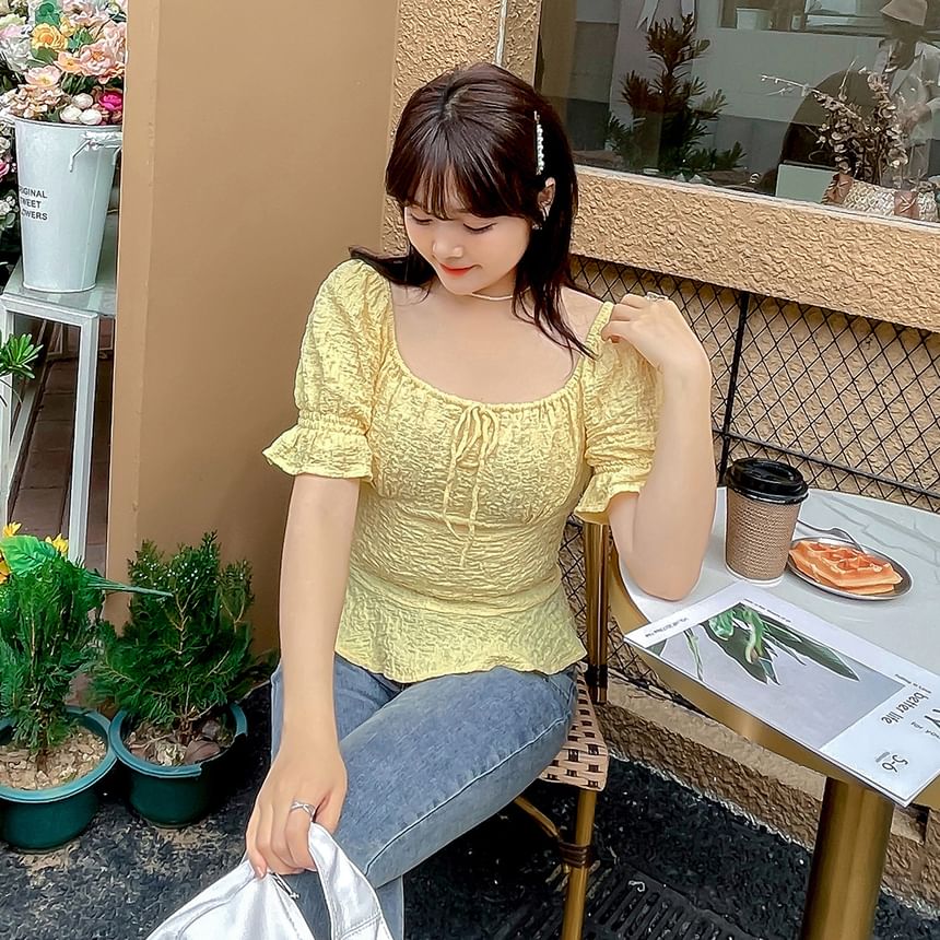 Plus Size Short Sleeve Square Neck Textured Ruffle Trim Top