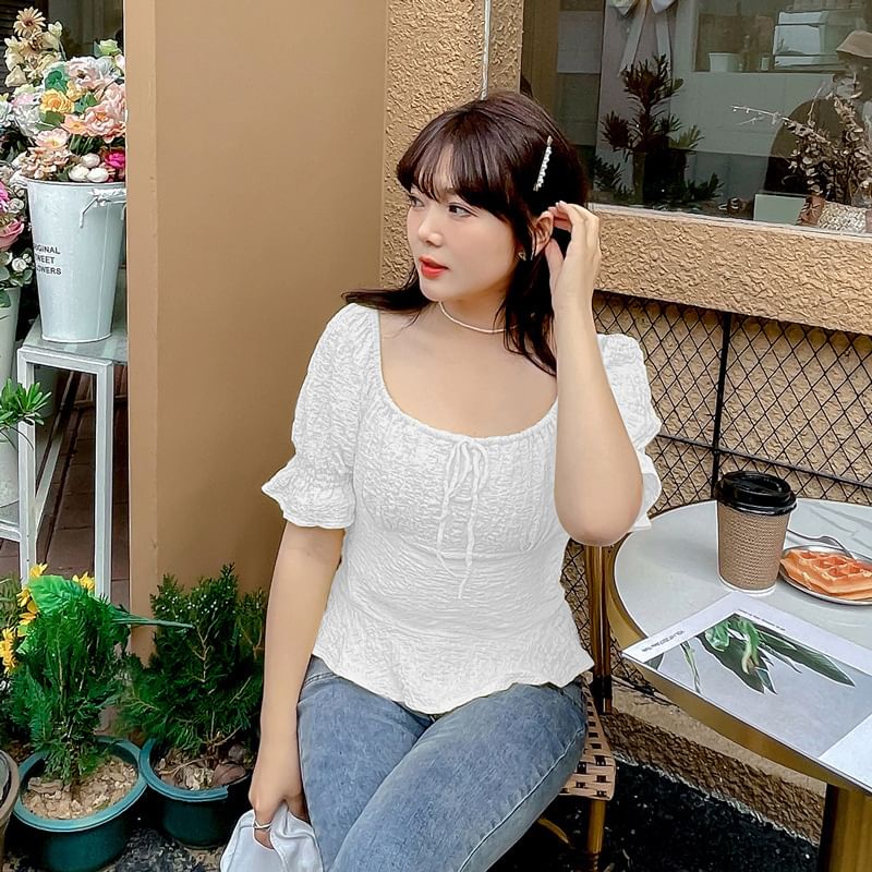 Plus Size Short Sleeve Square Neck Textured Ruffle Trim Top