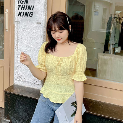 Plus Size Short Sleeve Square Neck Textured Ruffle Trim Top