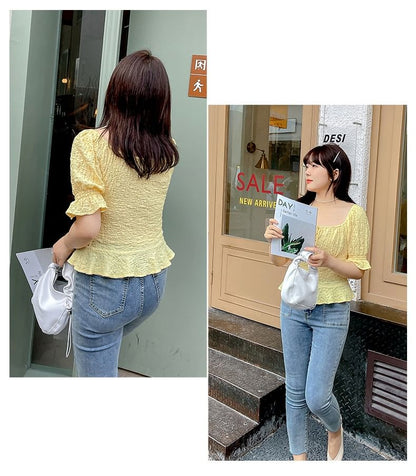 Plus Size Short Sleeve Square Neck Textured Ruffle Trim Top