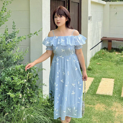 Plus Size Short Sleeve Cold Shoulder Leaf Midi A-Line Dress