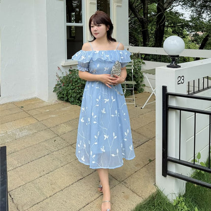 Plus Size Short Sleeve Cold Shoulder Leaf Midi A-Line Dress