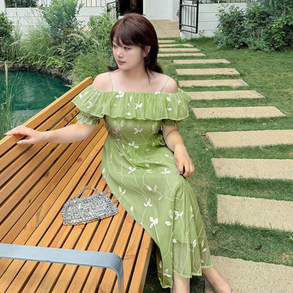 Plus Size Short Sleeve Cold Shoulder Leaf Midi A-Line Dress