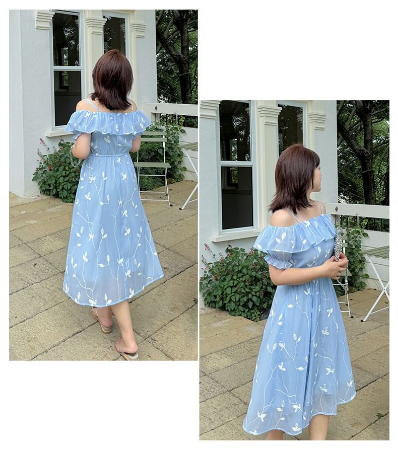 Plus Size Short Sleeve Cold Shoulder Leaf Midi A-Line Dress