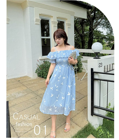 Plus Size Short Sleeve Cold Shoulder Leaf Midi A-Line Dress