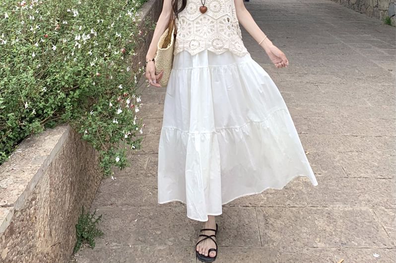 Midi A-Line Dress with Spaghetti Straps and Lace Trim