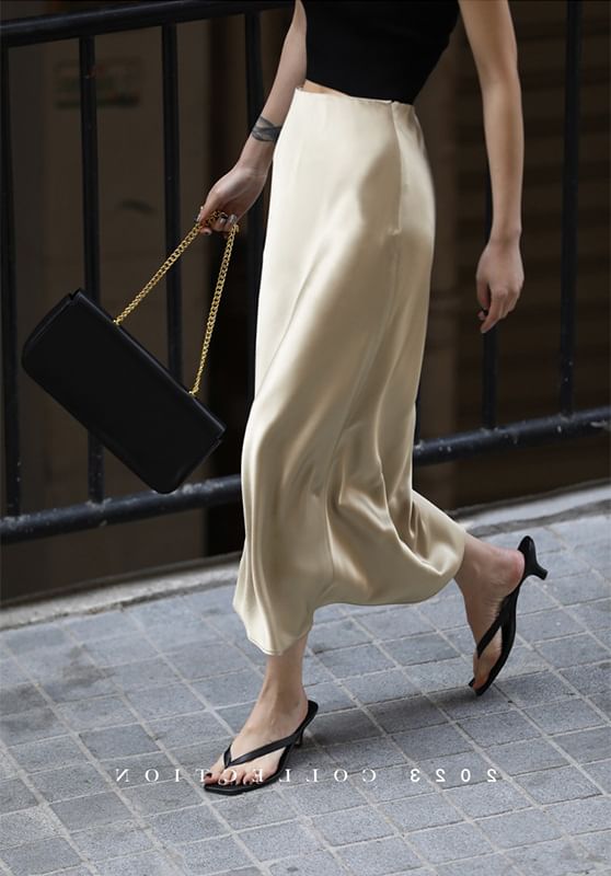 High Rise Plain Slit Satin Midi Pencil Skirt