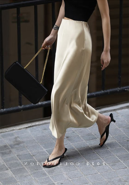 High Rise Plain Slit Satin Midi Pencil Skirt