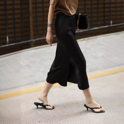 High Rise Plain Slit Satin Midi Pencil Skirt