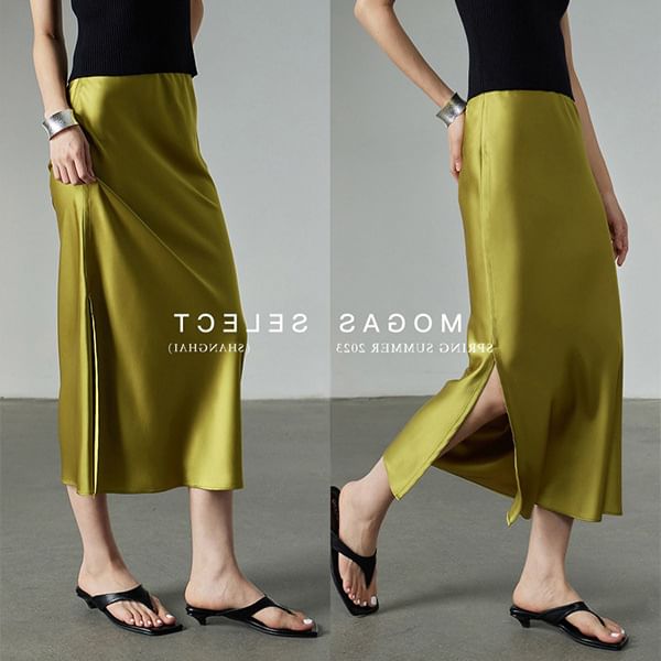 High Rise Plain Slit Satin Midi Pencil Skirt