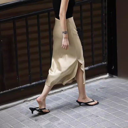 High Rise Plain Slit Satin Midi Pencil Skirt