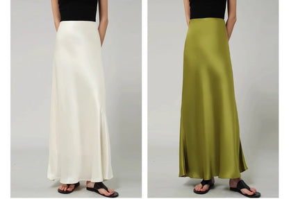 High Waist Plain Satin Maxi A-Line Skirt