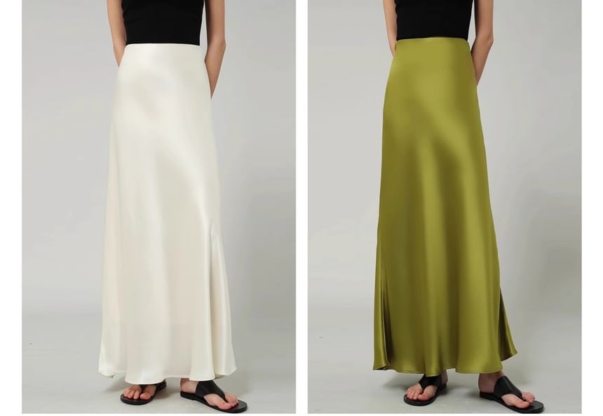 High A-Line Skirt Waist Plain Satin Maxi
