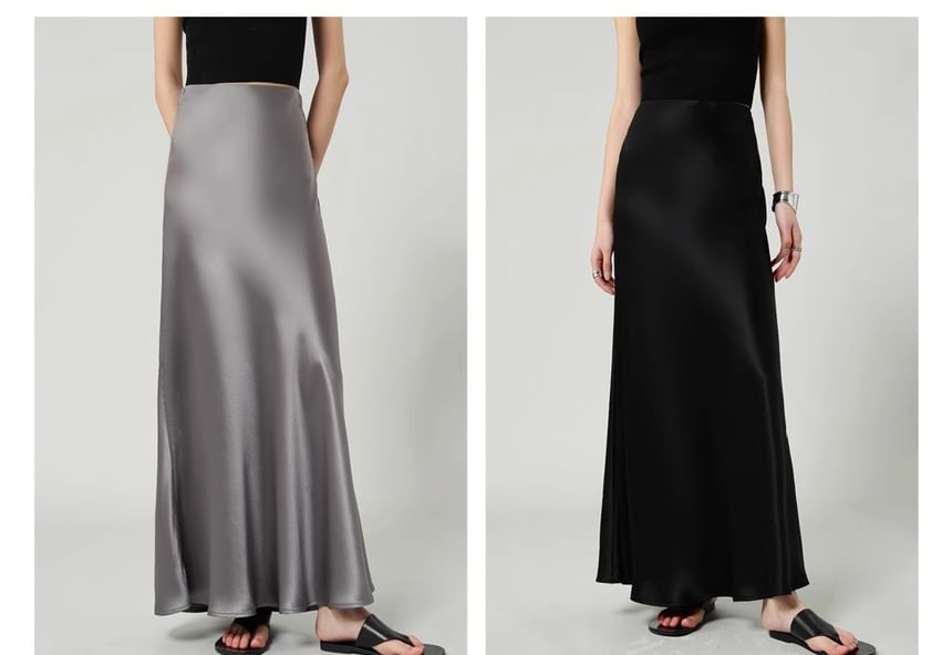 High A-Line Skirt Waist Plain Satin Maxi