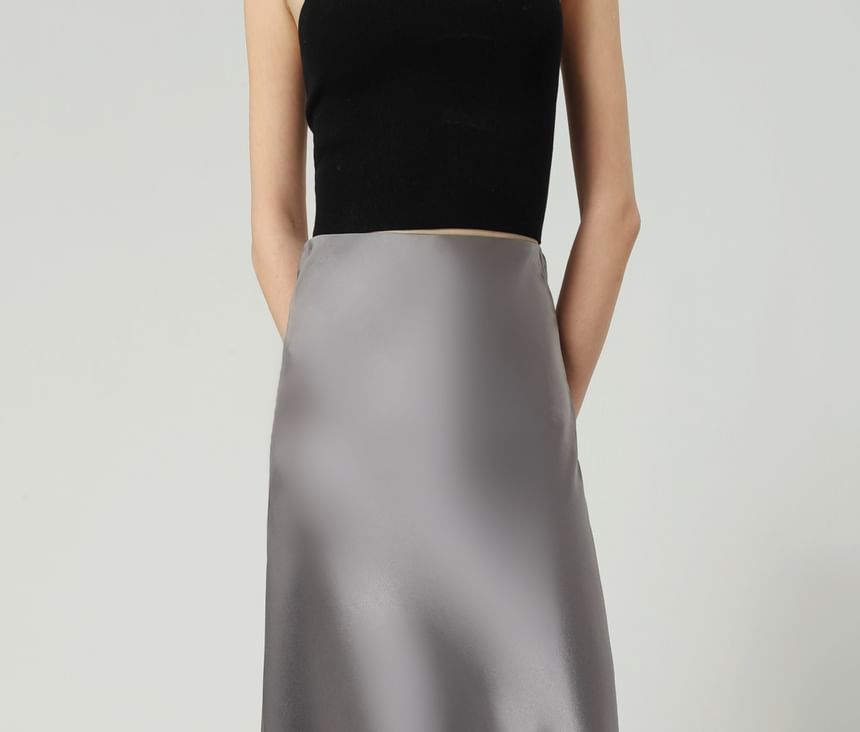 High Waist Plain Satin Maxi A-Line Skirt