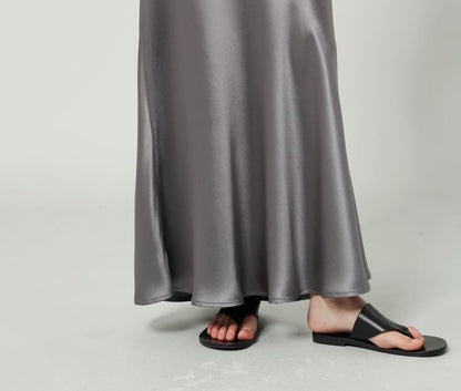 High Waist Plain Satin Maxi A-Line Skirt