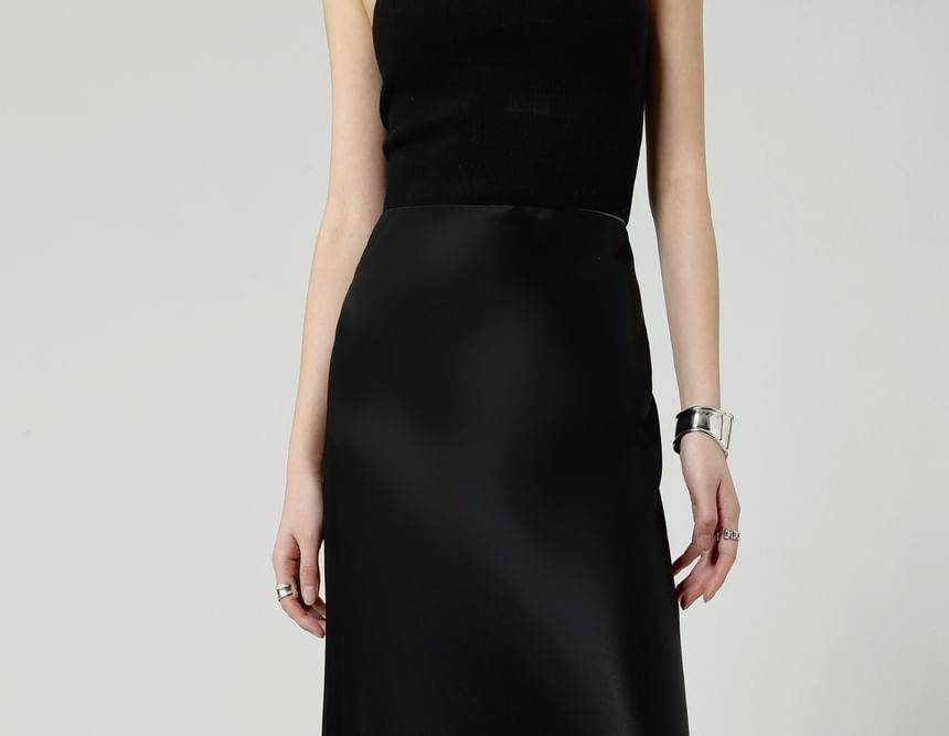 High Waist Plain Satin Maxi A-Line Skirt