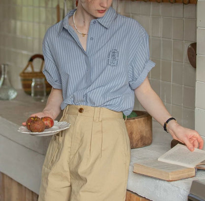 Elbow-Sleeve Button-Up Blouse Collared Embroidered Striped