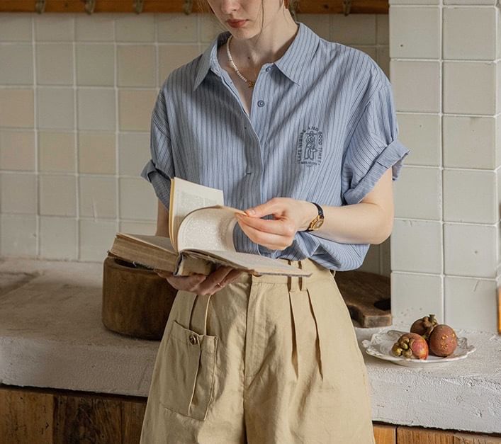 Elbow-Sleeve Collared Striped Embroidered Button-Up Blouse