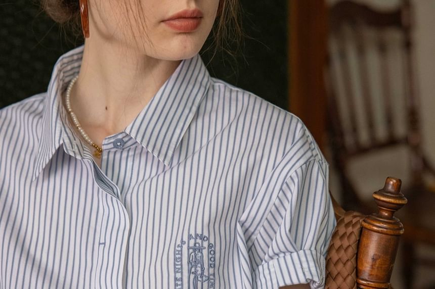 Elbow-Sleeve Collared Striped Embroidered Button-Up Blouse