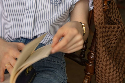 Elbow-Sleeve Button-Up Blouse Collared Embroidered Striped