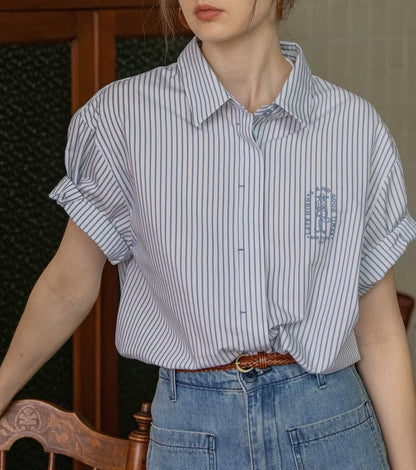 Elbow-Sleeve Button-Up Blouse Collared Embroidered Striped