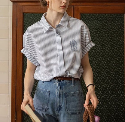 Elbow-Sleeve Collared Striped Embroidered Button-Up Blouse