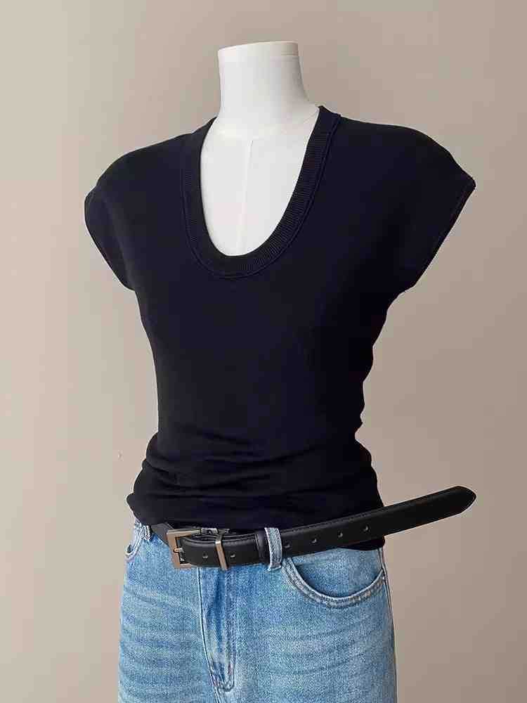Cap-Sleeve Scoop Neck Plain Slim Fit Knit Top