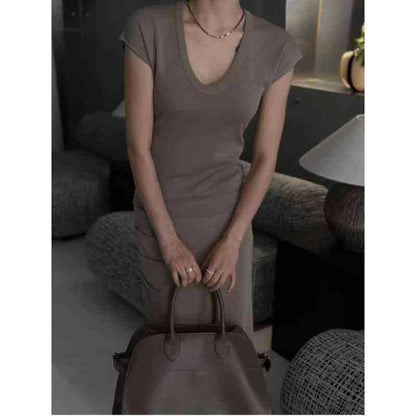 Top Neck Plain Scoop Slim Fit Cap-Sleeve Knit