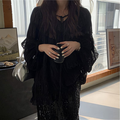 Plain Cami Top / Long-Sleeve V-Neck Tie Front Sheer Blouse / High Rise Sequin Midi H-Line Skirt / Set