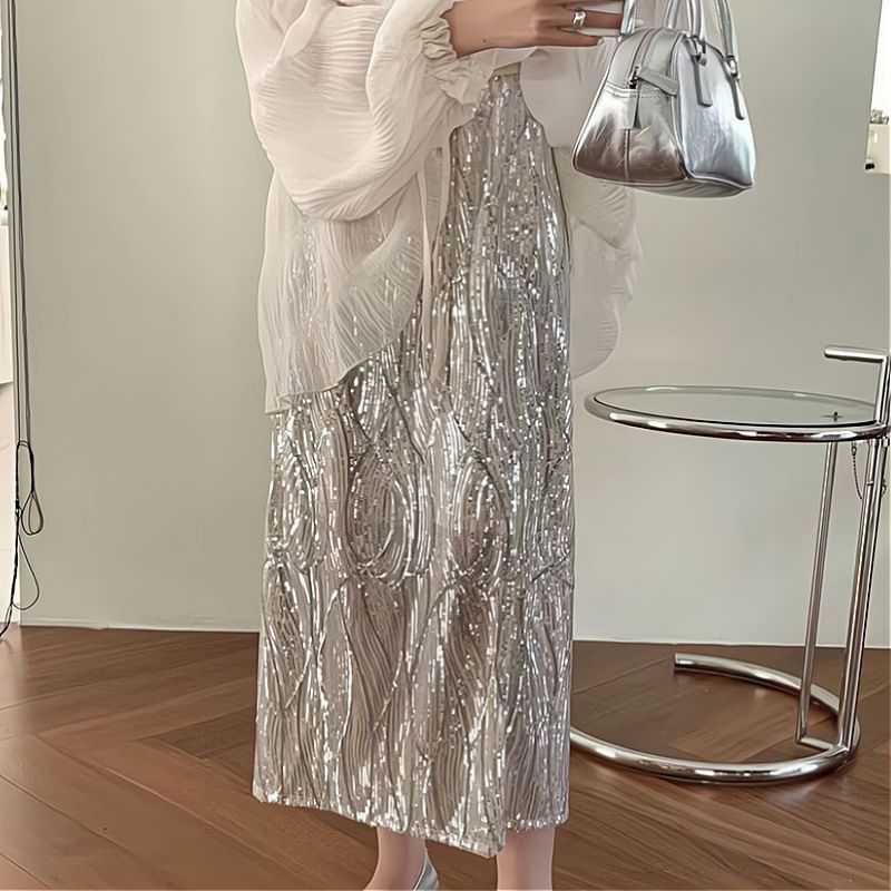 / Tie Cami H-Line Rise Plain Blouse Top Sheer Skirt V-Neck Long-Sleeve Sequin High Front Midi Set