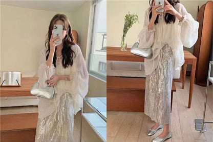 Plain Cami Top / Long-Sleeve V-Neck Tie Front Sheer Blouse / High Rise Sequin Midi H-Line Skirt / Set