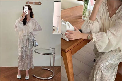 Plain Cami Top / Long-Sleeve V-Neck Tie Front Sheer Blouse / High Rise Sequin Midi H-Line Skirt / Set