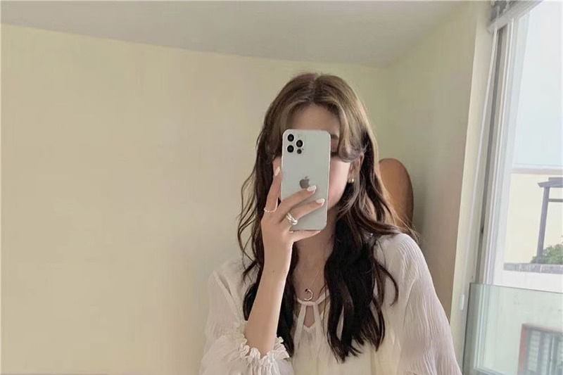 / Tie Cami H-Line Rise Plain Blouse Top Sheer Skirt V-Neck Long-Sleeve Sequin High Front Midi Set