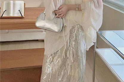 / Tie Cami H-Line Rise Plain Blouse Top Sheer Skirt V-Neck Long-Sleeve Sequin High Front Midi Set