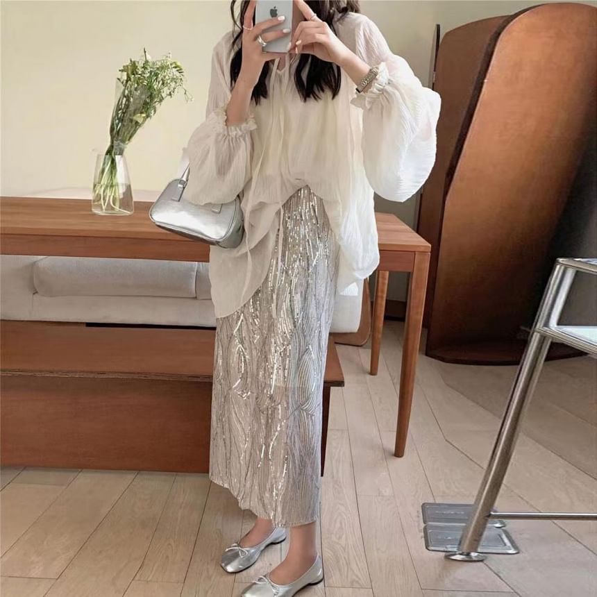 / Tie Cami H-Line Rise Plain Blouse Top Sheer Skirt V-Neck Long-Sleeve Sequin High Front Midi Set