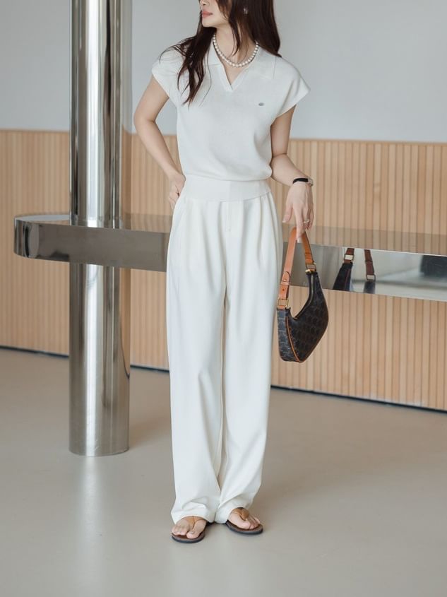 Cap-Sleeve V-Neck Collared Plain Crop Knit Top