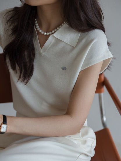 Cap-Sleeve V-Neck Collared Plain Crop Knit Top