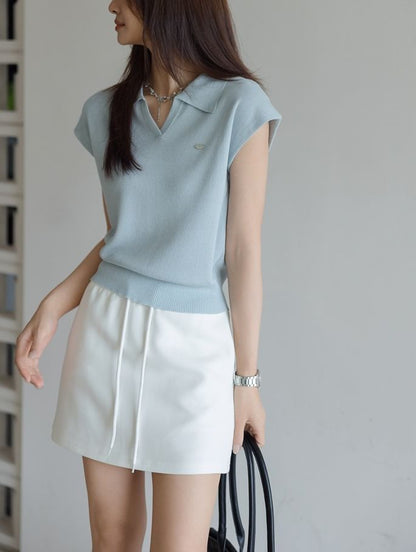 Cap-Sleeve V-Neck Collared Plain Crop Knit Top