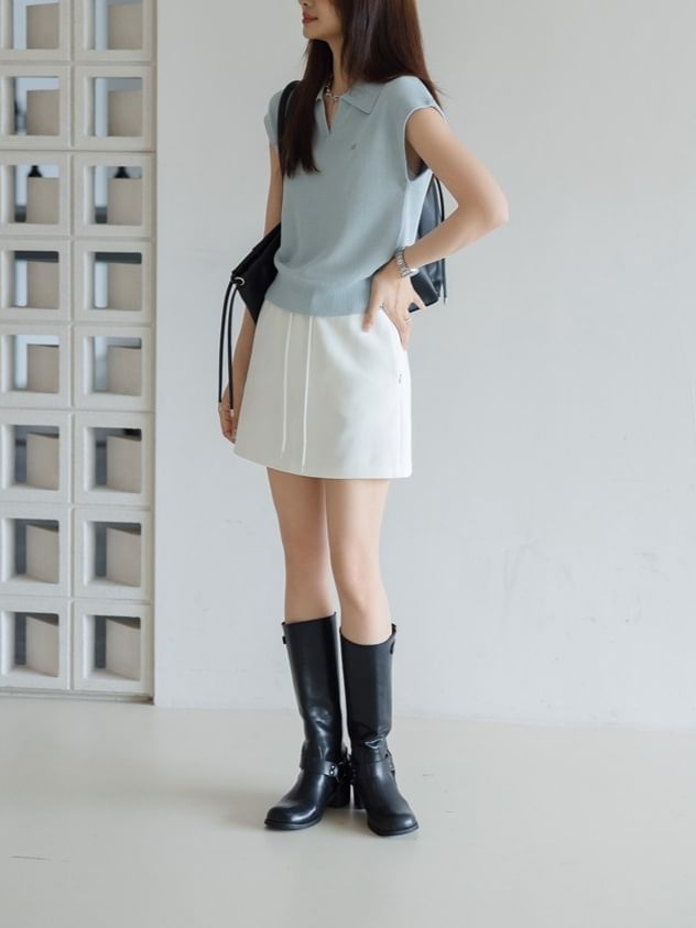 V-Neck Top Knit Plain Cap-Sleeve Crop Collared