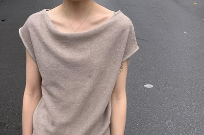 Short-Sleeve Knit Off-Shoulder Plain Top