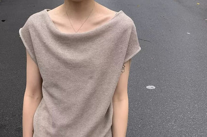 Short-Sleeve Knit Off-Shoulder Plain Top