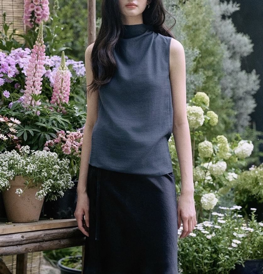 Sleeveless Mock Neck Plain Blouse